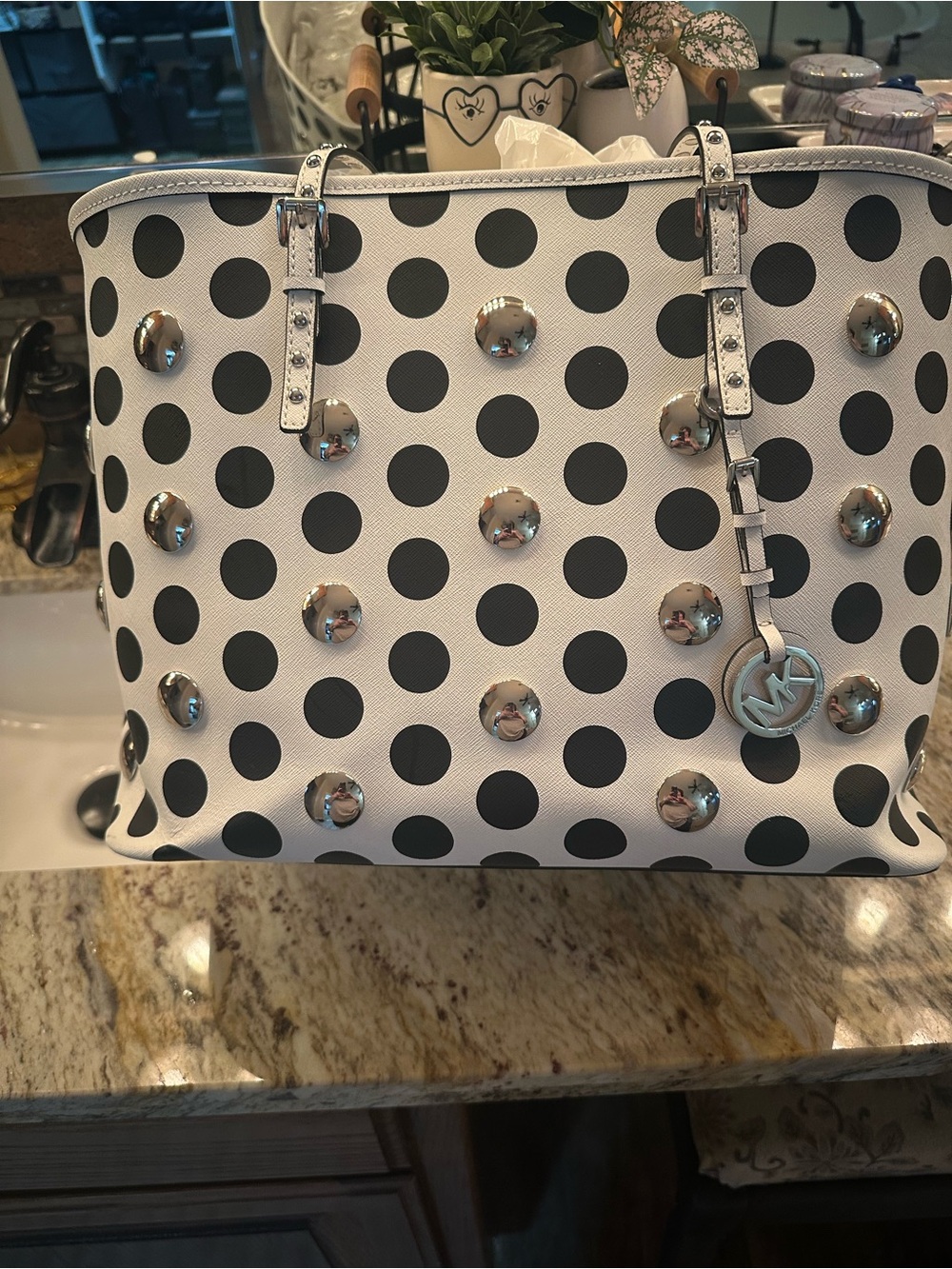 Michael Kors White Tote with Black Polka Dots and Silver Studs